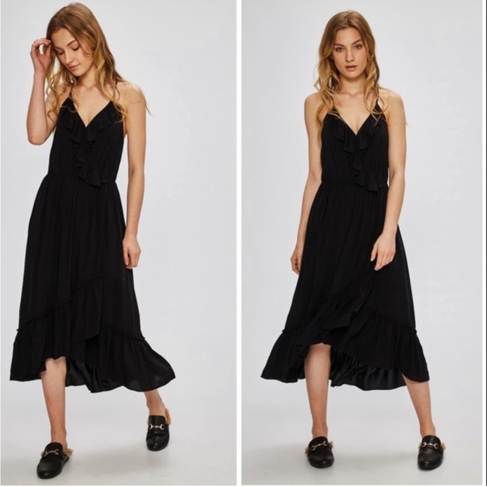 NWOT Scotch & Soda Black Spaghetti Strap Ruffle Midi Dress Cutout Keyhole Back